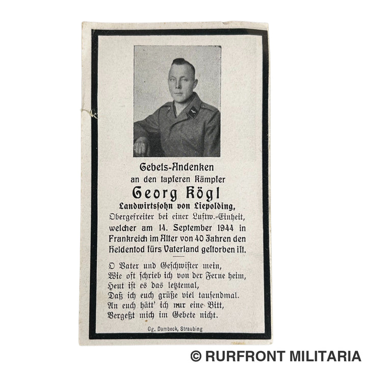 Bidprent luftwaffe Georg Kögl KiA France september 1944