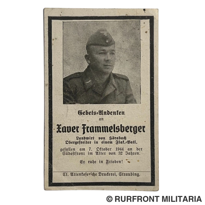BIDPRENT OBERGEFREITER XAVER FRAMMELSBERGER (HÖRABACH) FLAK K.I.A. Südostfront 1944