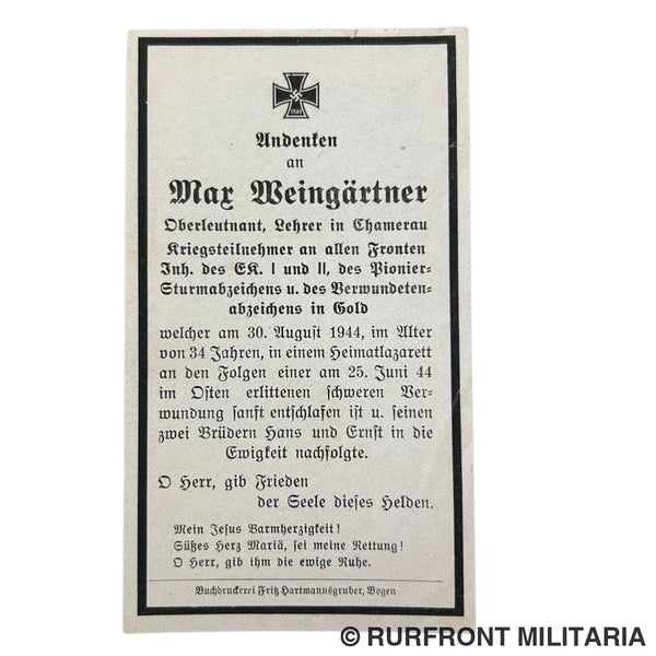 Bidprent oberleutnant Max Weingärtner Ek1/2 Wound badge gold