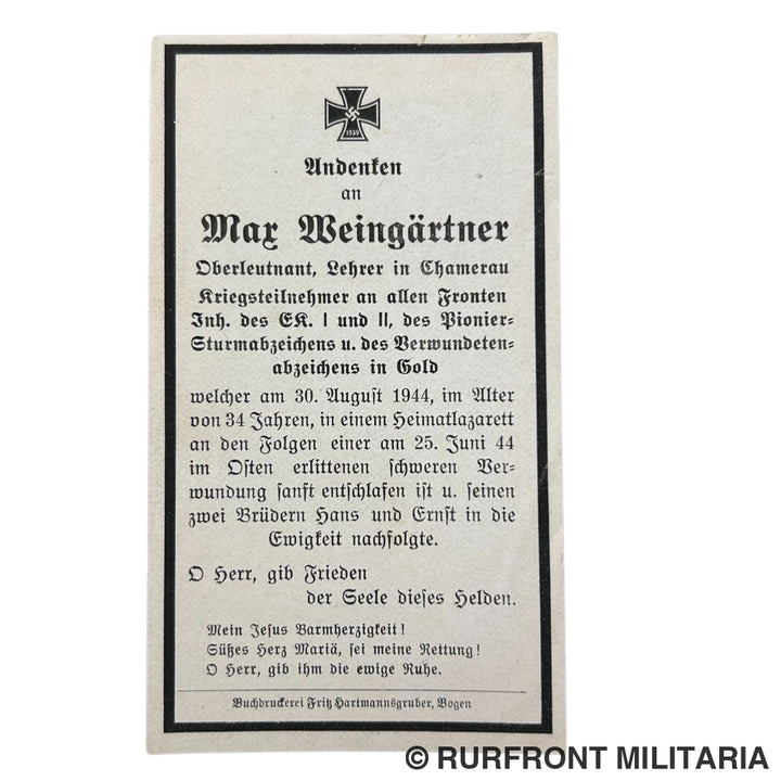 Bidprent oberleutnant Max Weingärtner Ek1/2 Wound badge gold