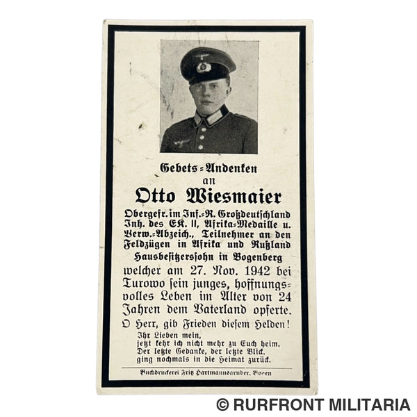 Bidprent Otto Wiesmaier inf. Reg. Grossdeutschland K.i.a. Turowo 1942