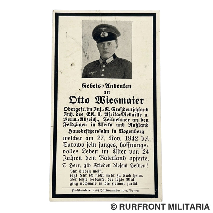 Bidprent Otto Wiesmaier inf. Reg. Grossdeutschland K.i.a. Turowo 1942