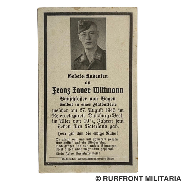 BIDPRENT SOLDAT FRANZ XAVER WITTMANN (BOGEN) FLAK DIED IN HOSPITAL Duisburg 1943