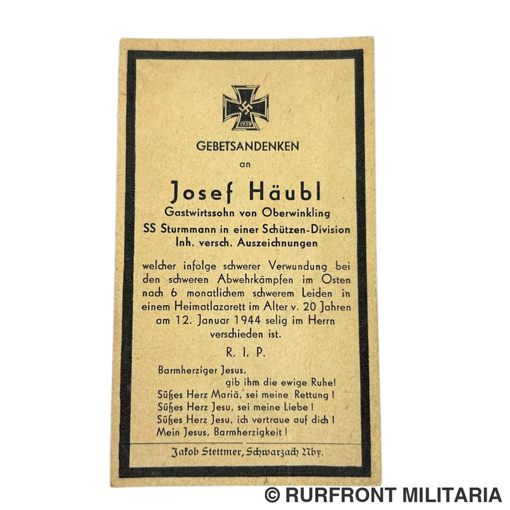 Bidprent SS Sturmmann Josef Häubl Schützen Division Ostfront