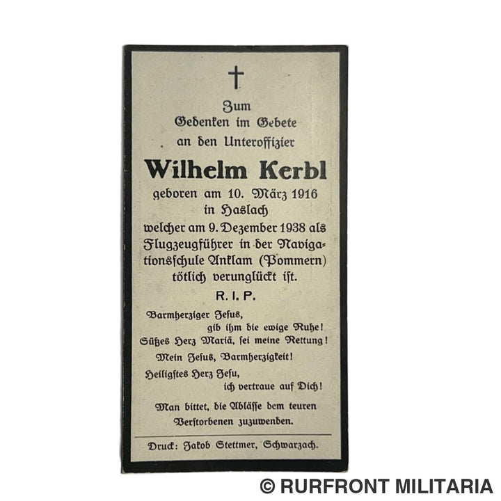 BIDPRENT UNTEROFFIZIER WILHELM KERBL (HASLACH) LUFTWAFFE ACCIDENT 1938