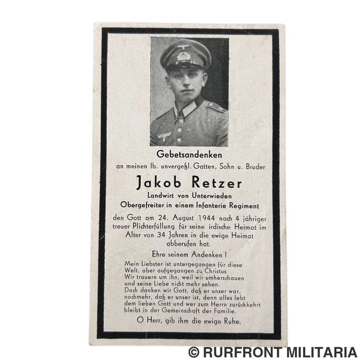 Bidprent Wehrmacht Obergefreiter Jakob Retzer KiA Polen 1944