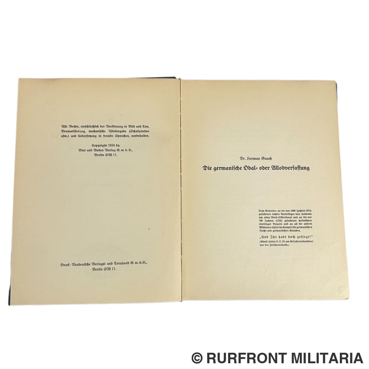 Boek Die Germanische Odal Oder Allod Verfassung 1934
