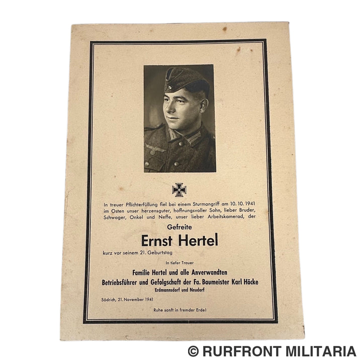 Death Card Gefreite Ernst Hertel Oostfront. Apart Formaat!