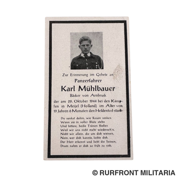 Death Card Panzerfahrer Karl Mühlbauer Gesneuveld Te Meijel Nederland.