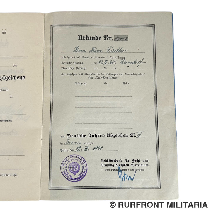 Deutsche Fahrer en Reiter Abzeichen set met oorkondes op naam van Heinz Fiedler