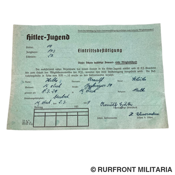 Hj Aufnahme Urkunde 20 April 1939