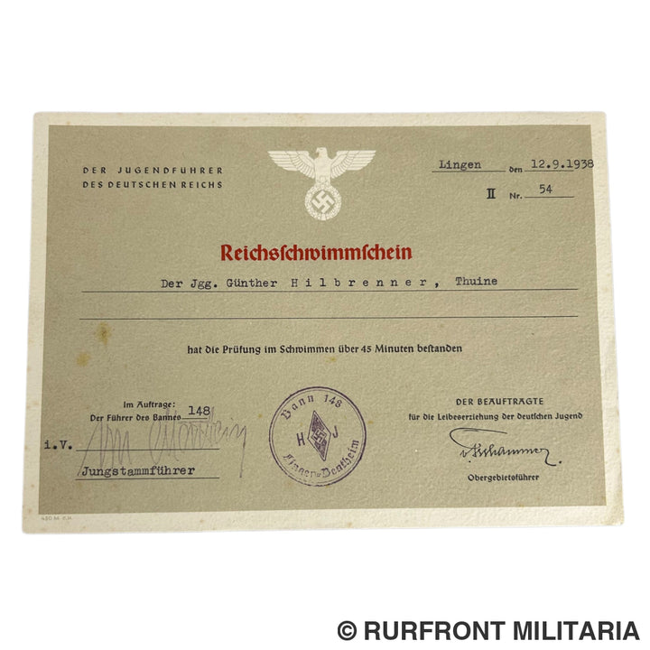 Hj Zeugnis set Günther Hilbrenner Bann 148.
