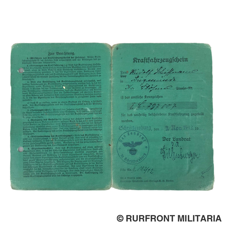 Kraftfahrzeugschein Schröttersburg 1942