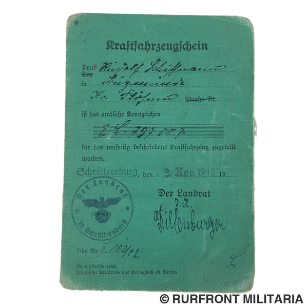 Kraftfahrzeugschein Schröttersburg 1942