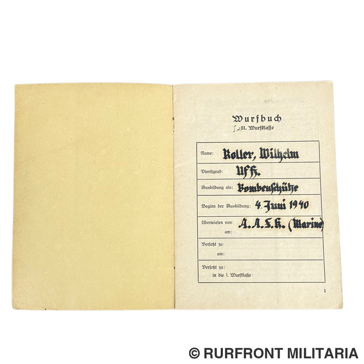 Luftwaffe Flugbuch & Wurfbuch Bombenschütze Wilhelm Koller