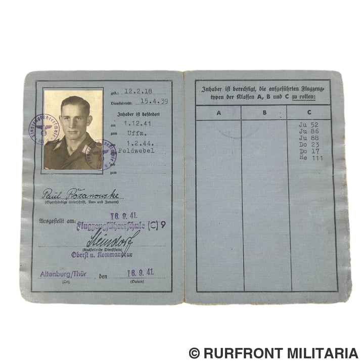 Luftwaffe Rollschein Flugzeugführerschule C9