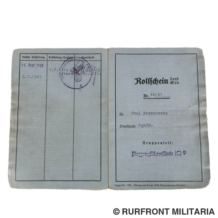 Luftwaffe Rollschein Flugzeugführerschule C9