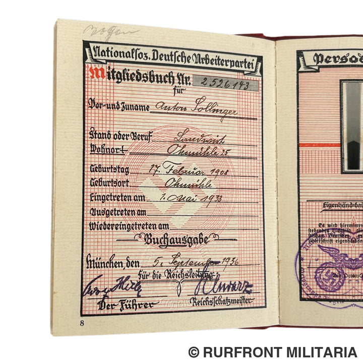 NSDAP Mitgliedsbuch set Familie Sollinger Ohlmühle Bogen.