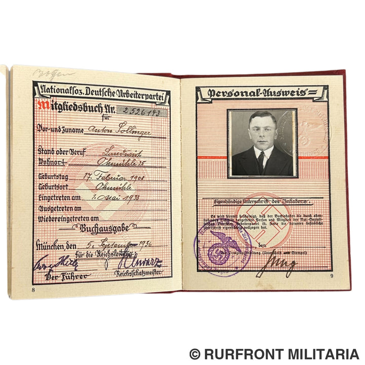 NSDAP Mitgliedsbuch set Familie Sollinger Ohlmühle Bogen.