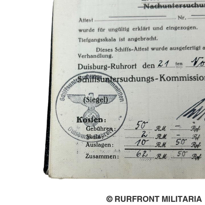 Schiffs Attest Duisburg-Ruhrort 1940