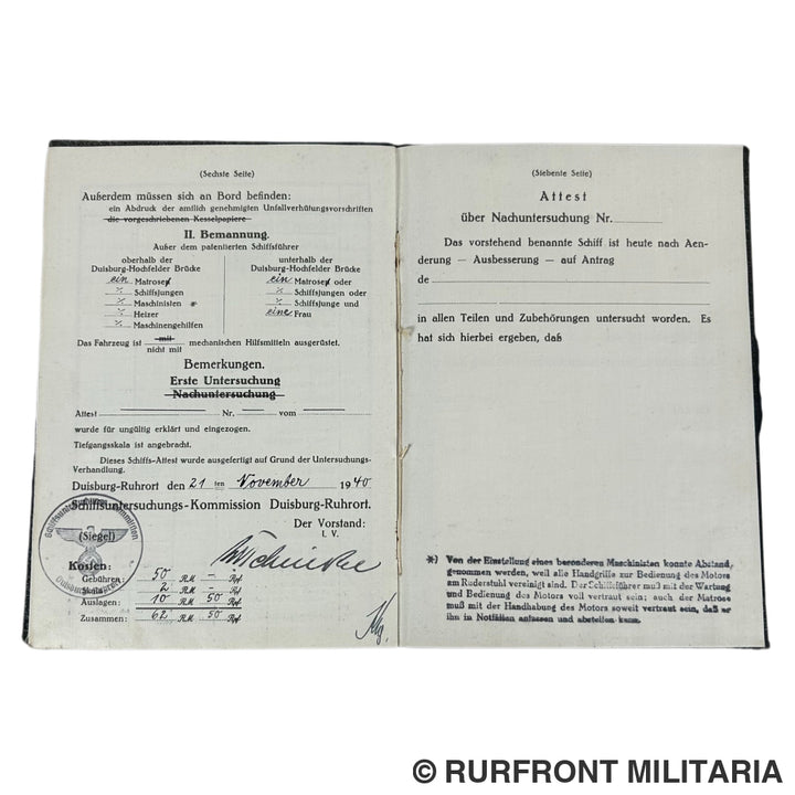 Schiffs Attest Duisburg-Ruhrort 1940