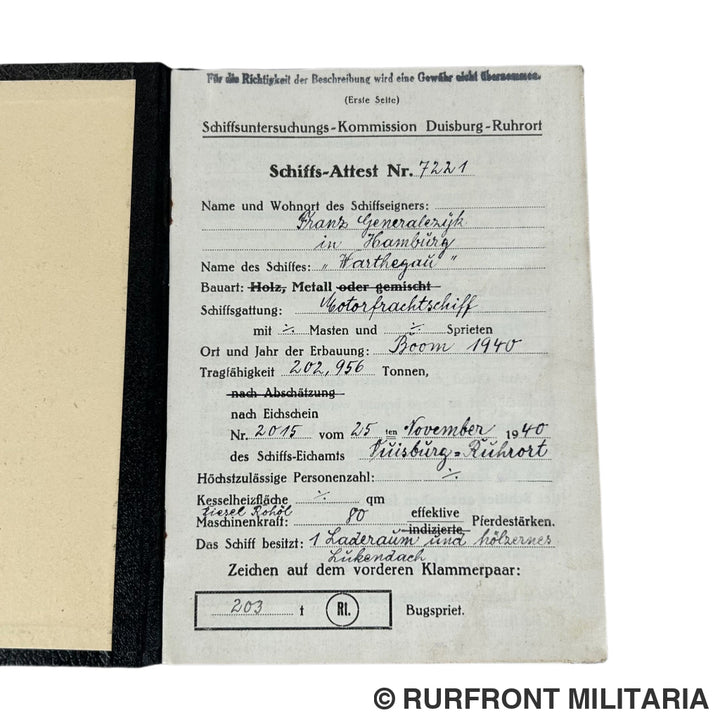 Schiffs Attest Duisburg-Ruhrort 1940
