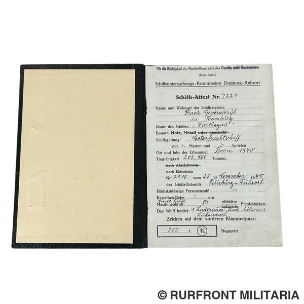 Schiffs Attest Duisburg-Ruhrort 1940