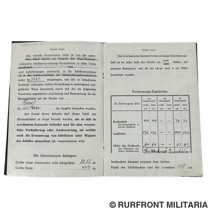 Schiffs Attest Duisburg-Ruhrort 1940