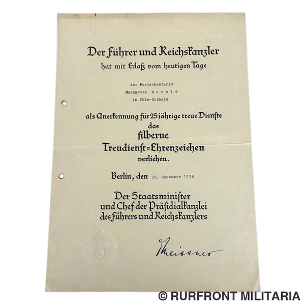 Treudienst Ehrenzeichen 25 Jahre Oorkonde.
