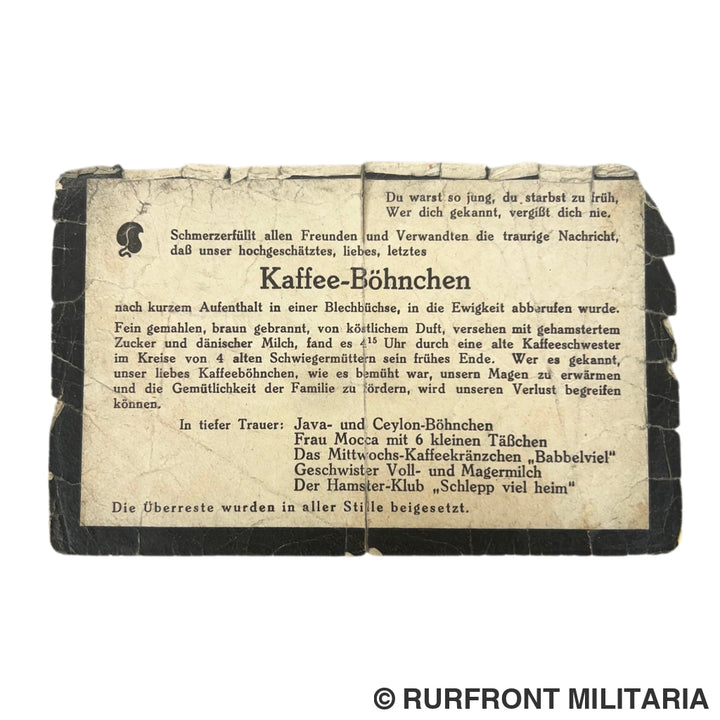 Unieke satirische WO1 ’overlijdenskaart’ Kaffee-Böhnchen (ca. 1918) - Schaarste & Hamsteren