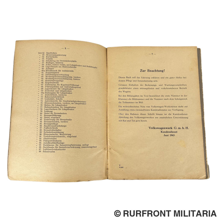 VW Typ 82 Kubelwagen Manual 1943 Volkswagen Kundendienst Very Rare!