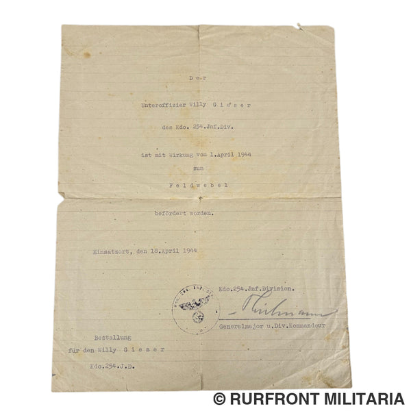 Wehrmacht bestallungsurkunde Feldwebel Willy Gieser 254. Infanterie Division