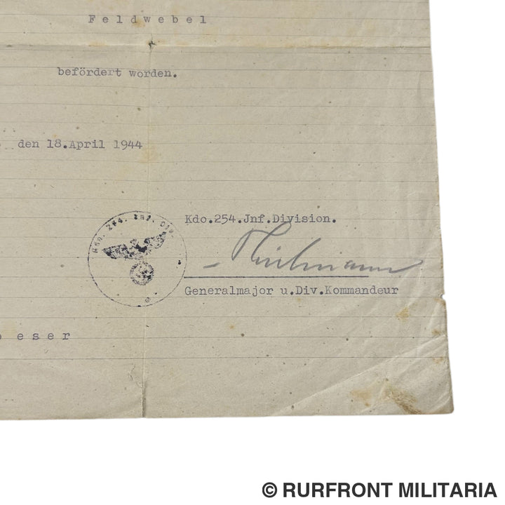 Wehrmacht bestallungsurkunde Feldwebel Willy Gieser 254. Infanterie Division