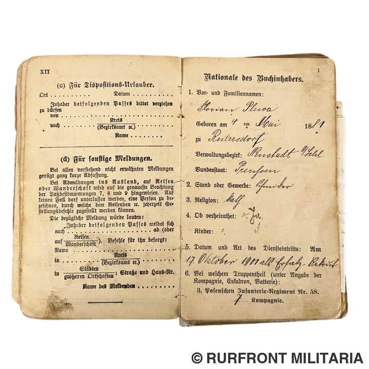 Ww1 militärpass set Florian Plewa Minenwerfer Bataillon 8 Westfront
