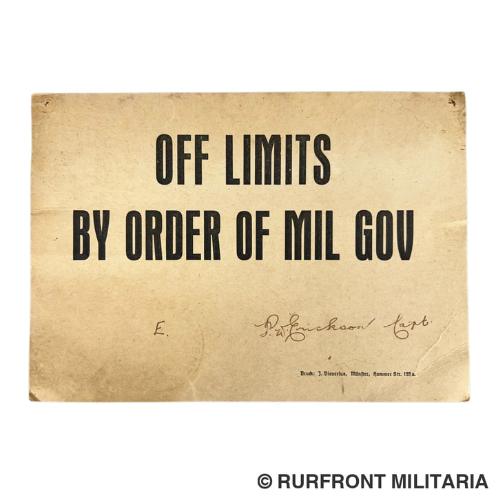 Zeldzaam WW2 Military Government ’Off Limits’ Sign 1945 Münster