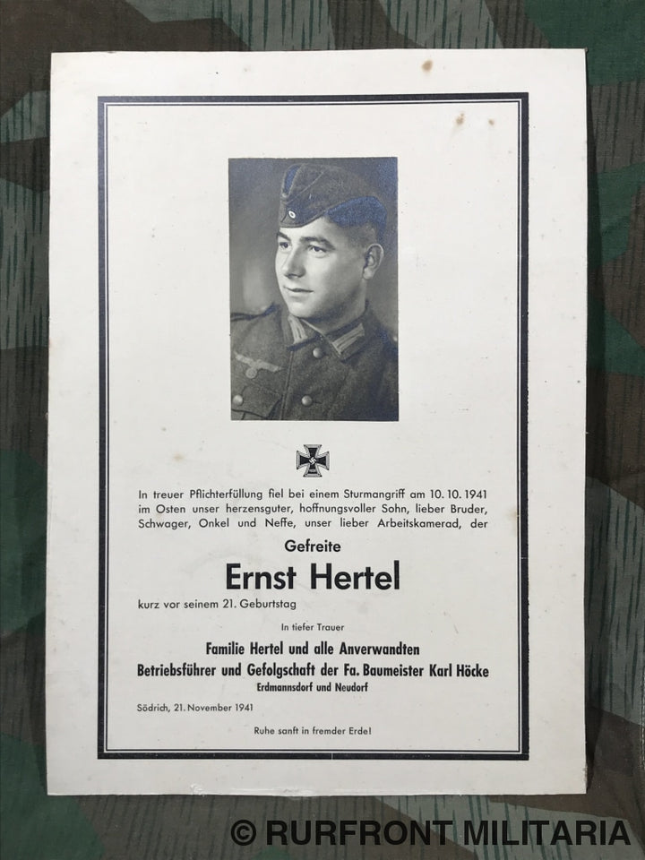 Death Card Getreite Ernst Hertel Oostfront. Apart Formaat!