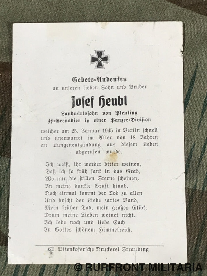 Death Card Josef Heubl Ss Grenadier