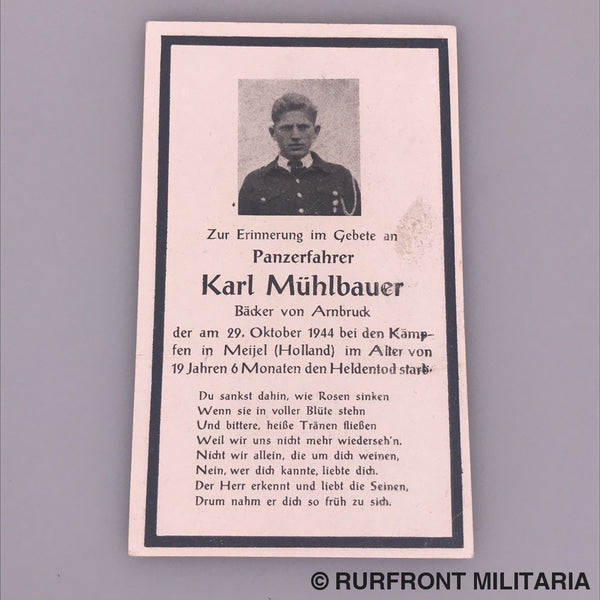 Death Card Panzerfahrer Karl Mühlbauer Gesneuveld Te Meijel Nederland.