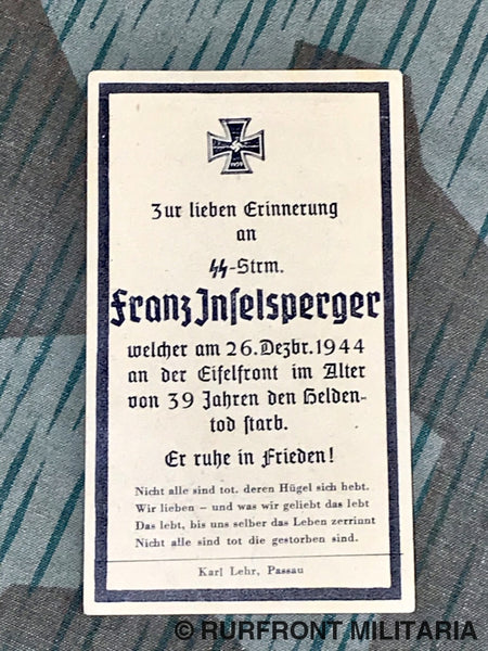 Death Card Ss Sturmmann Franz Inzelsperger Eifelfront