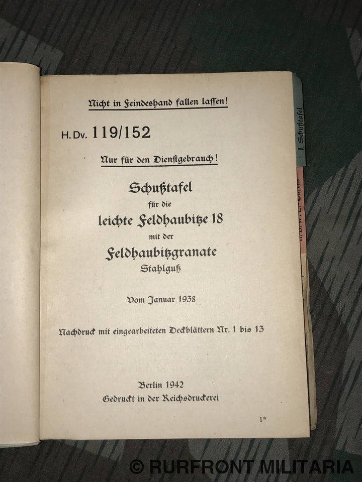 Hdv. 119/152 Schusstafel Für Die Leichte Feldhaubitze 18.