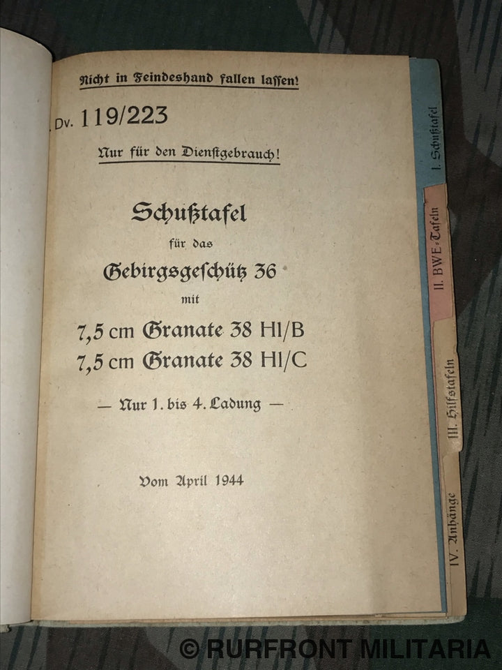Hdv. 119/223 Schusstafel Für Das Gebirgsgeschütz 36.