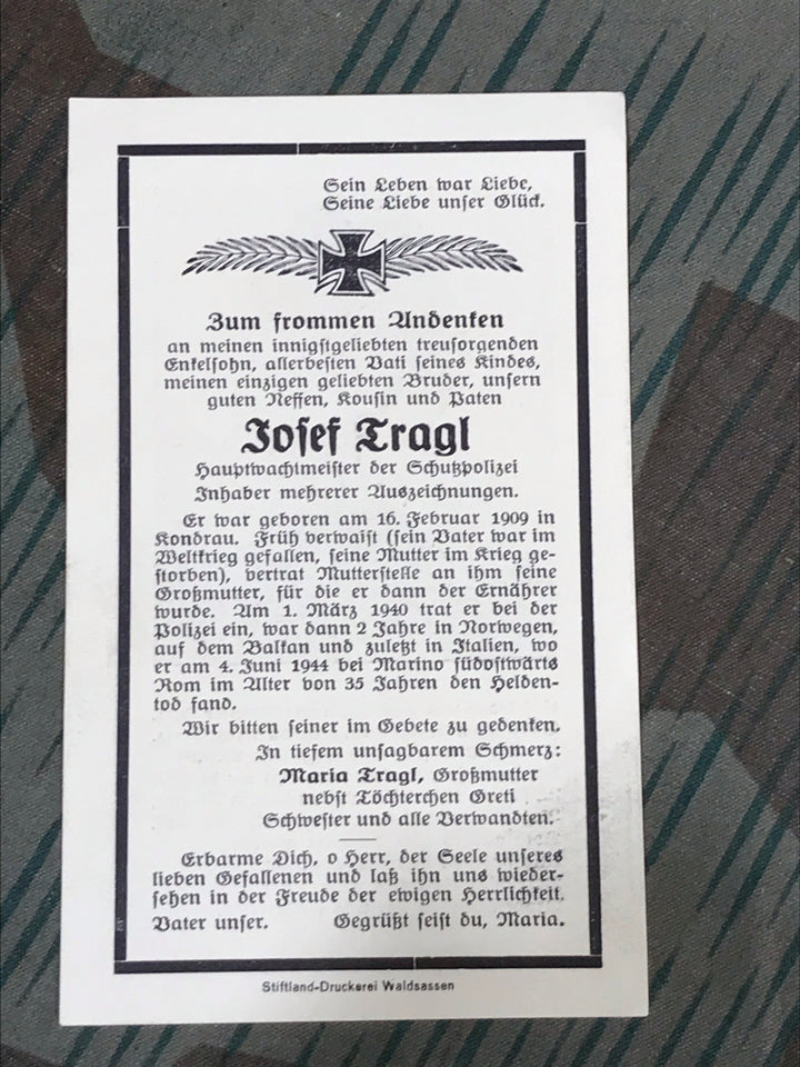 Death card hauptwachtmeister Josef Tragl Italy