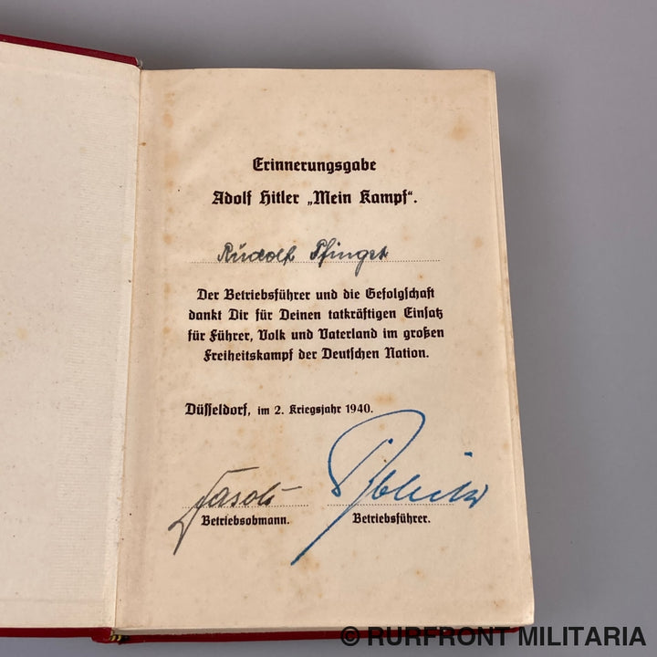 Mein Kampf Tornisterausgabe 1940 Met Persoonlijke Widmung.