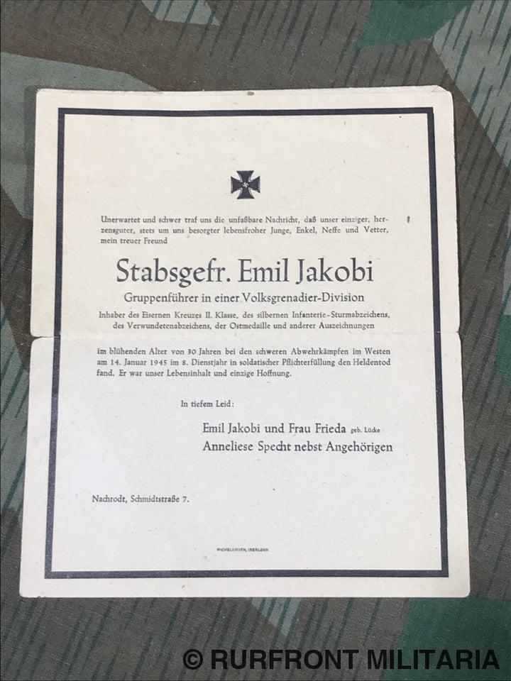 Rouwbrief Stabsgefreiter Emil Jakobi Volksgrenadierdivision.