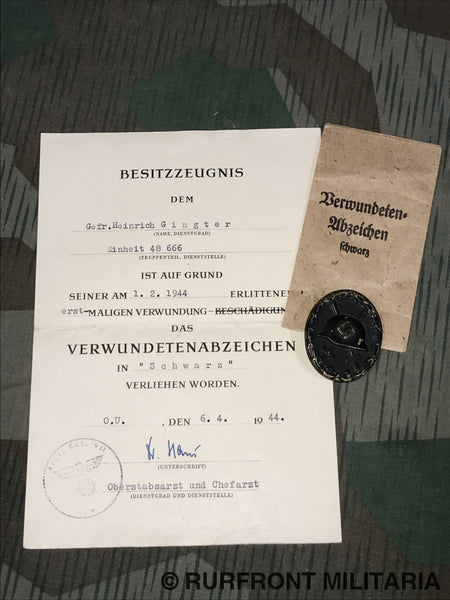 Verwundeten Abzeichen Zwart Met Zakje En Oorkonde Grenadier Regiment 67.